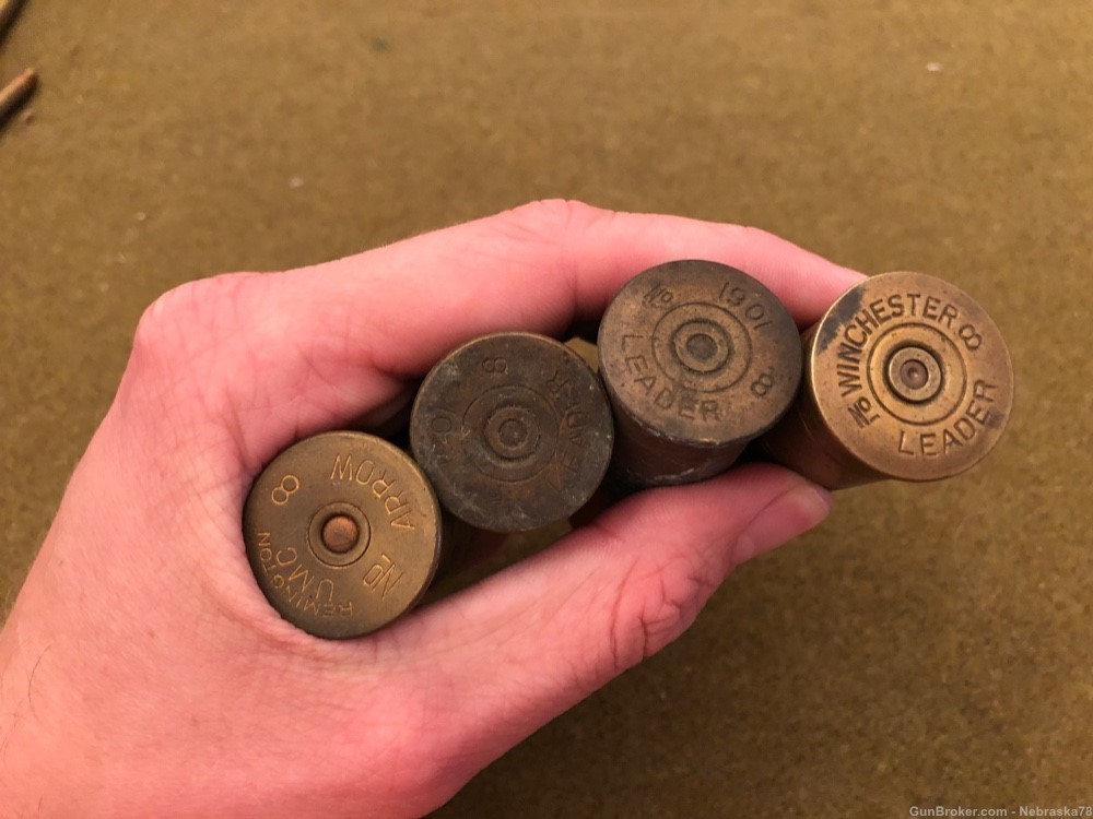 Lot of 4 Remington Winchester UMC Leader 1901 8 gauge sporting shells -img-0