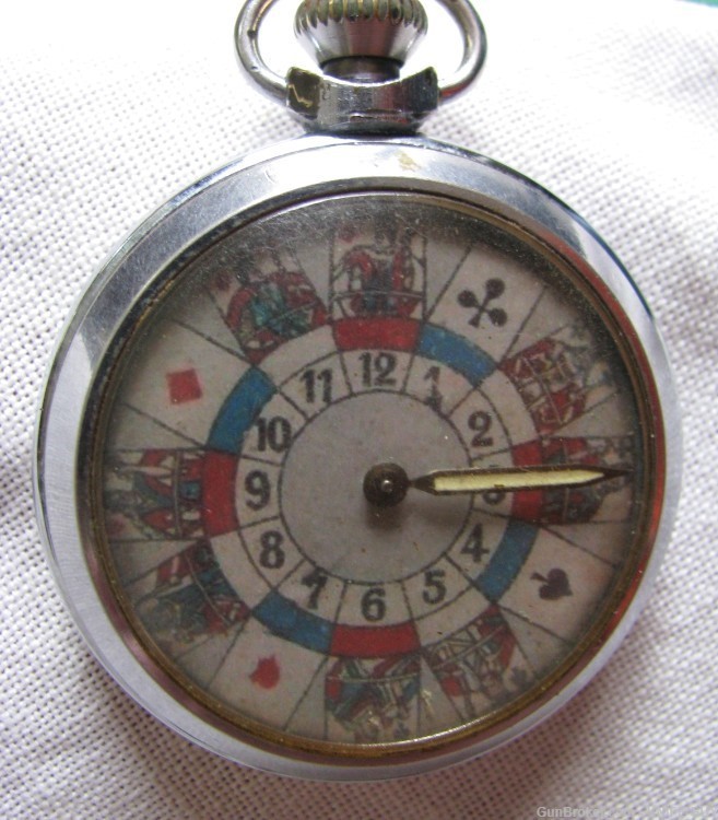 VINTAGE POCKET WATCH ROULETTE MECHANICAL GAMBLING DEVICE 3 CARD SUITS-img-1