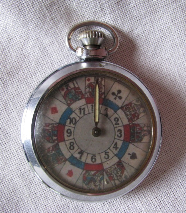 VINTAGE POCKET WATCH ROULETTE MECHANICAL GAMBLING DEVICE 3 CARD SUITS-img-0