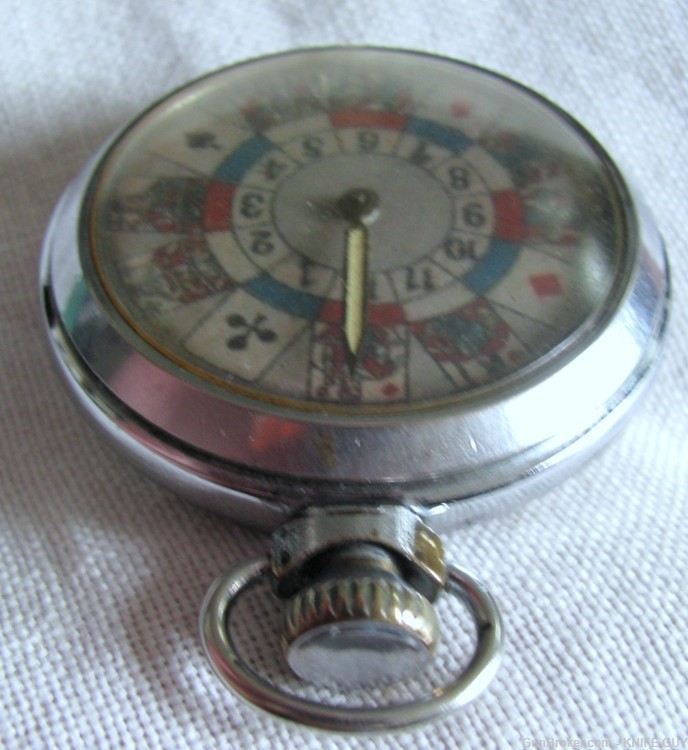 VINTAGE POCKET WATCH ROULETTE MECHANICAL GAMBLING DEVICE 3 CARD SUITS-img-7