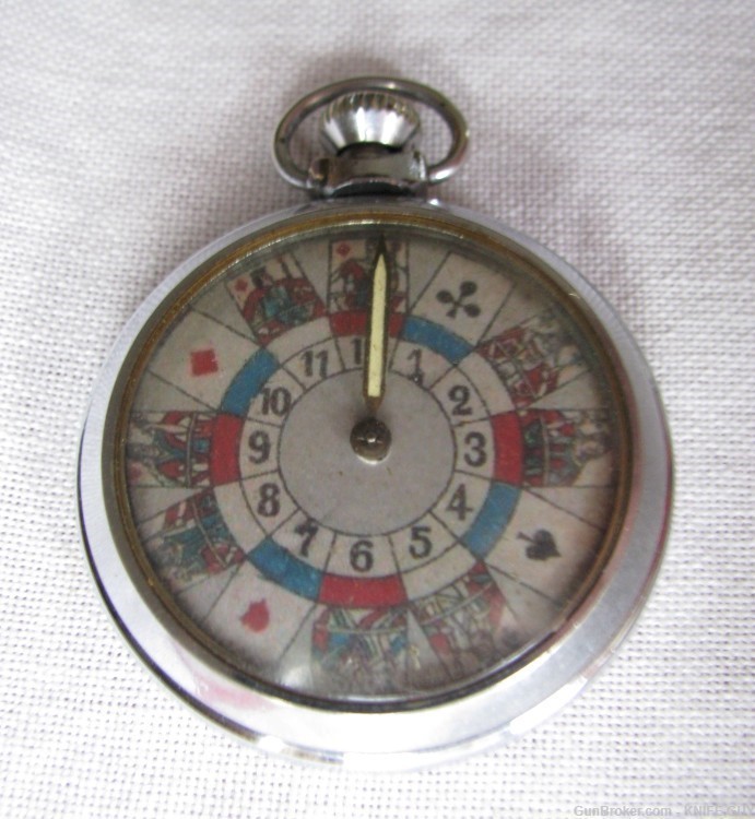 VINTAGE POCKET WATCH ROULETTE MECHANICAL GAMBLING DEVICE 3 CARD SUITS-img-2