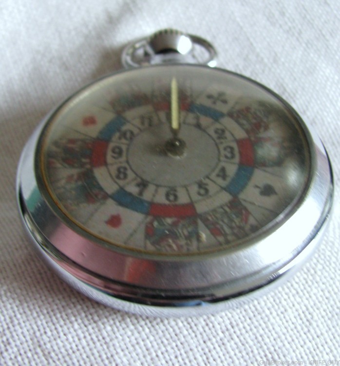 VINTAGE POCKET WATCH ROULETTE MECHANICAL GAMBLING DEVICE 3 CARD SUITS-img-6