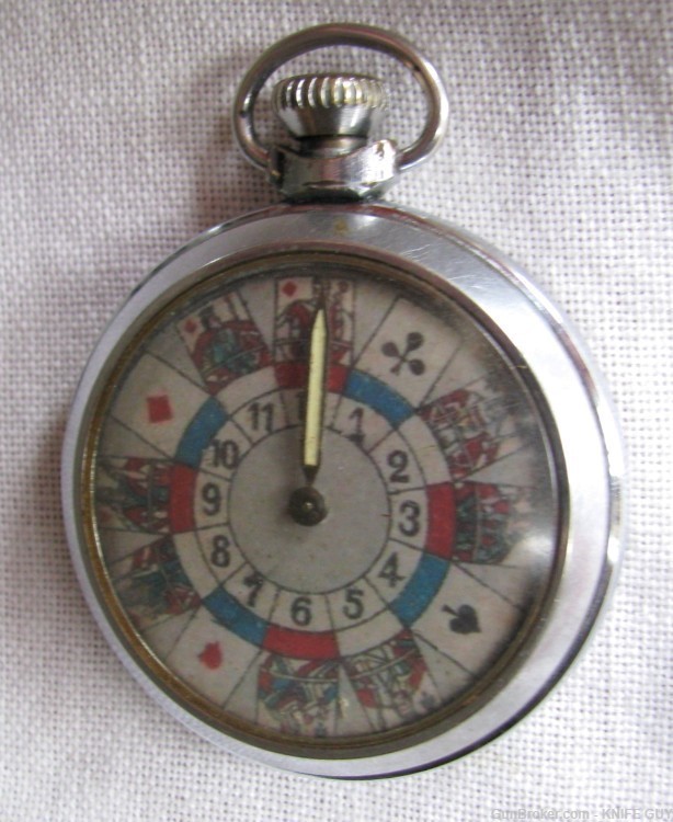 VINTAGE POCKET WATCH ROULETTE MECHANICAL GAMBLING DEVICE 3 CARD SUITS-img-3