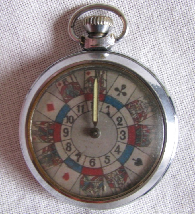 VINTAGE POCKET WATCH ROULETTE MECHANICAL GAMBLING DEVICE 3 CARD SUITS-img-8
