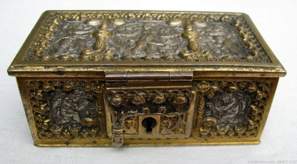 ANTIQUE ORNATE SMALL 3-DIMENSIONAL GOLD & SILVER PLATED BRONZE JEWLERY BOX-img-3