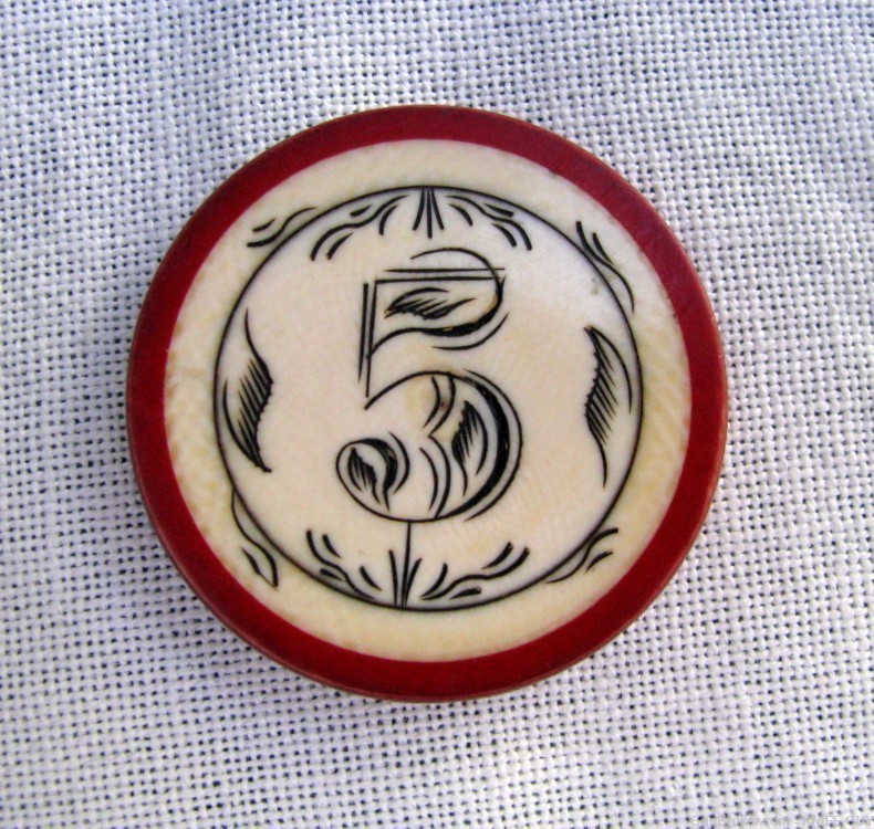 ANTIQUE MINT FANCY $5 RED RIM RARE PATTERN ANTIQUE AMERICAN POKER CHIP-img-10