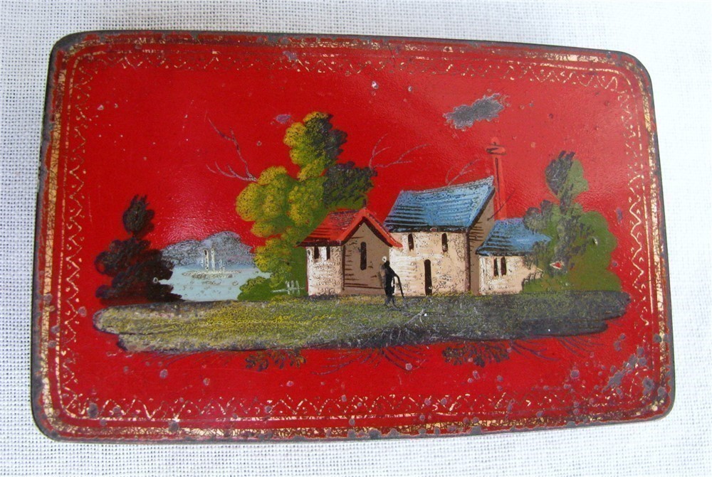 FINE ANTIQUE HAND MADE CHARMING FOLK ART RED TOLEWARE SNUFF BOX 1825-1850s-img-10