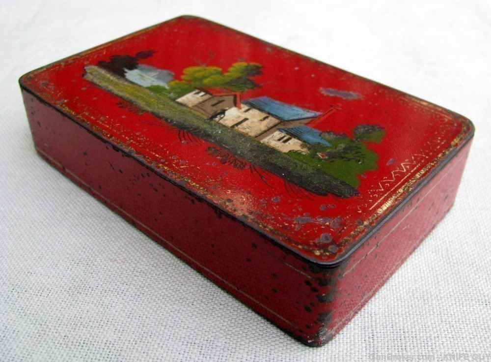 FINE ANTIQUE HAND MADE CHARMING FOLK ART RED TOLEWARE SNUFF BOX 1825-1850s-img-5