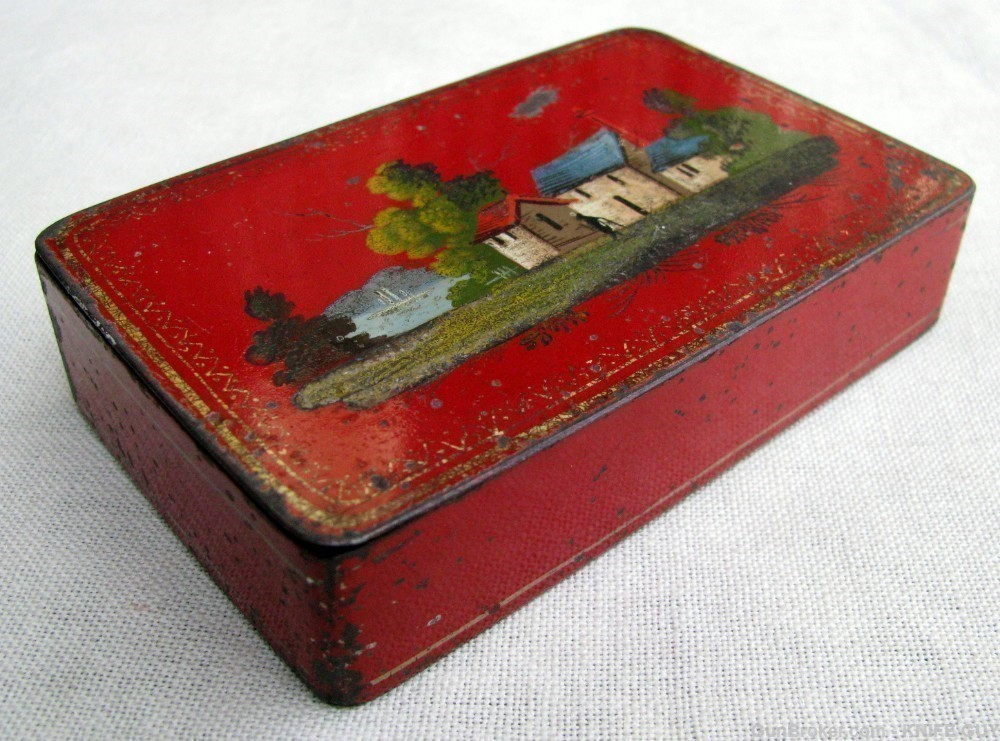 FINE ANTIQUE HAND MADE CHARMING FOLK ART RED TOLEWARE SNUFF BOX 1825-1850s-img-9