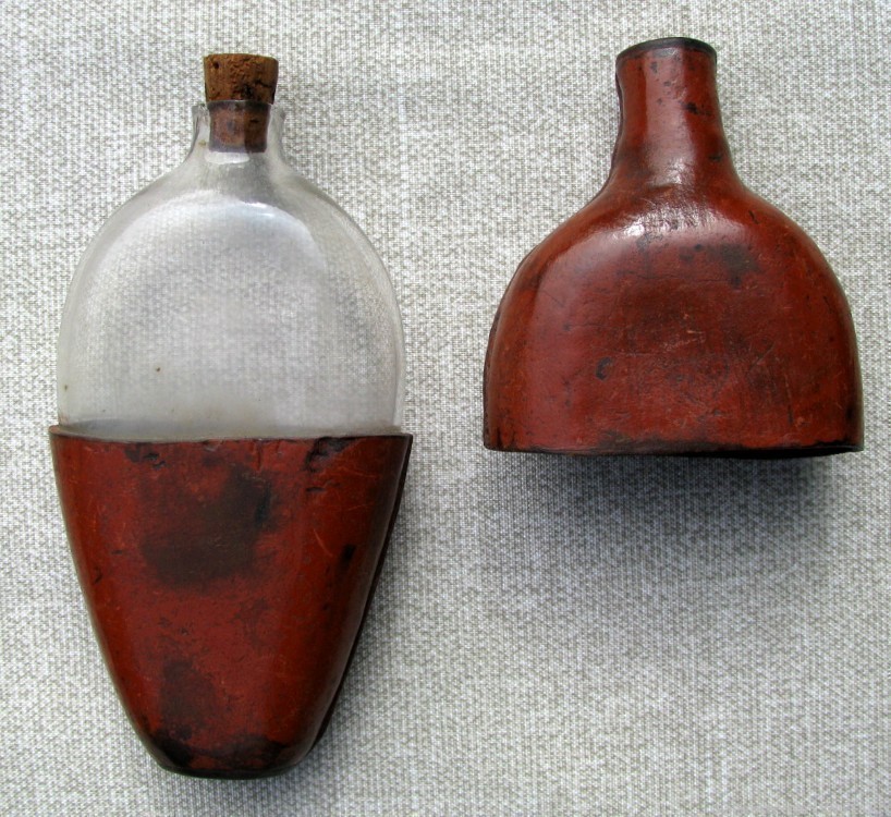 FINE RARE & EARLY ANTIQUE LEATHER HAND MADE GLASS WHISKEY FLASK c.1820-60's-img-11