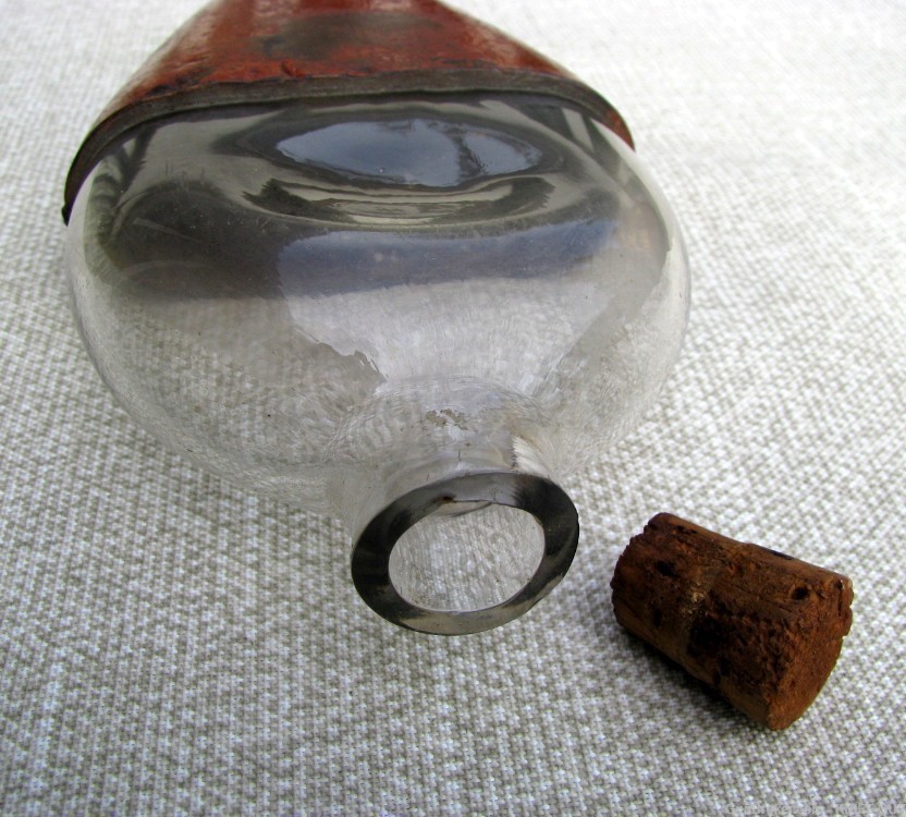 FINE RARE & EARLY ANTIQUE LEATHER HAND MADE GLASS WHISKEY FLASK c.1820-60's-img-6