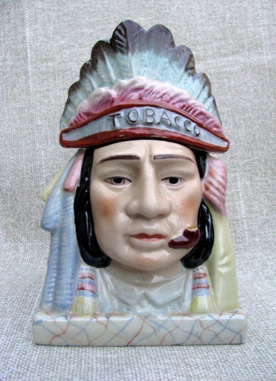 ANTIQUE MINT UNUSUAL INDIAN CHIEF IN HEADDRESS HAND PAINTED TOBACCO JAR-img-11
