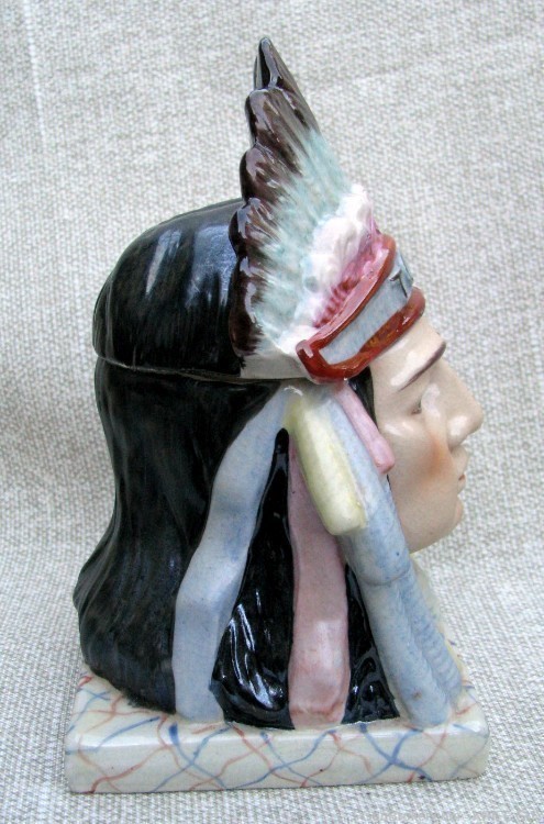 ANTIQUE MINT UNUSUAL INDIAN CHIEF IN HEADDRESS HAND PAINTED TOBACCO JAR-img-12