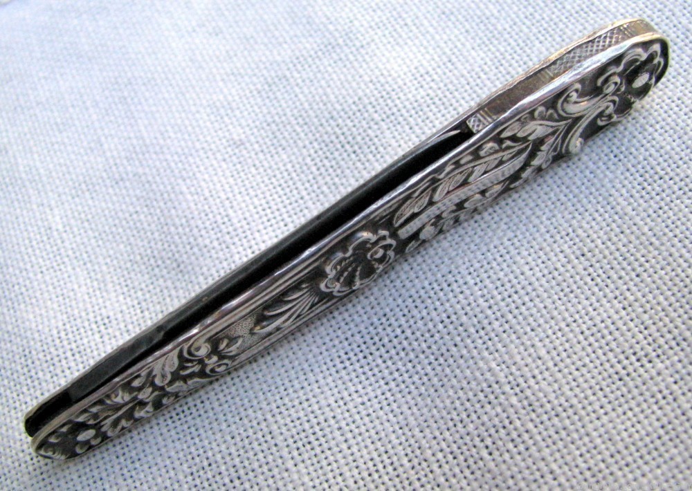 ANTIQUE SILVER MOUNTED INSCRIBED 1830s LADIES QUILL & SEWING KNIFE + POUCH-img-4