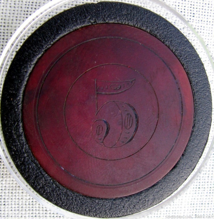 FINE ANTIQUE AMERICAN UNUSUAL $5 ALL BURGUNDY COLORED POKER CHIP-img-7