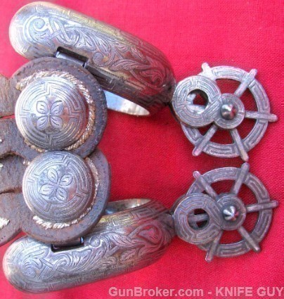 ANTIQUE ROUND ROWEL SPURS SILVER&GOLD STRAPS-img-10