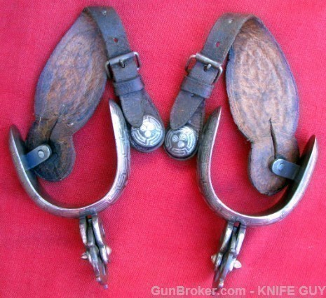 ANTIQUE ROUND ROWEL SPURS SILVER&GOLD STRAPS-img-7