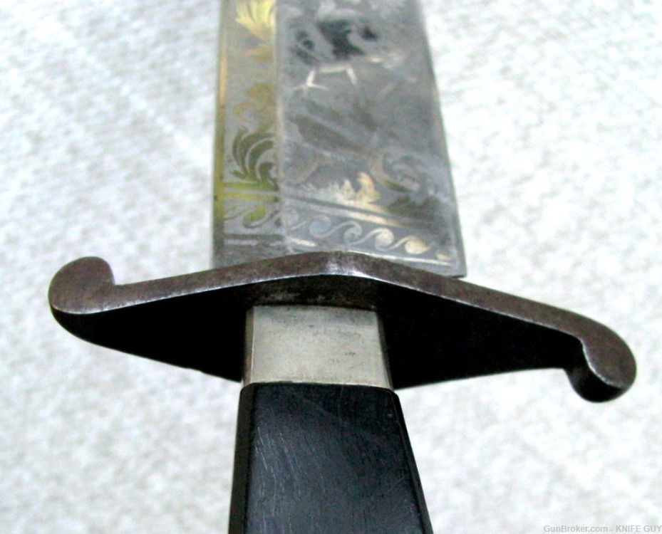 MINTY ETCHED CLIP BLADE CARVED EBONY HILT FANCY SHEATH BOWIE c.1840's-60's-img-9