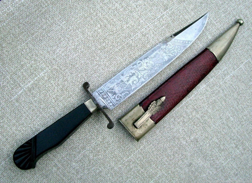 MINTY ETCHED CLIP BLADE CARVED EBONY HILT FANCY SHEATH BOWIE c.1840's-60's-img-0