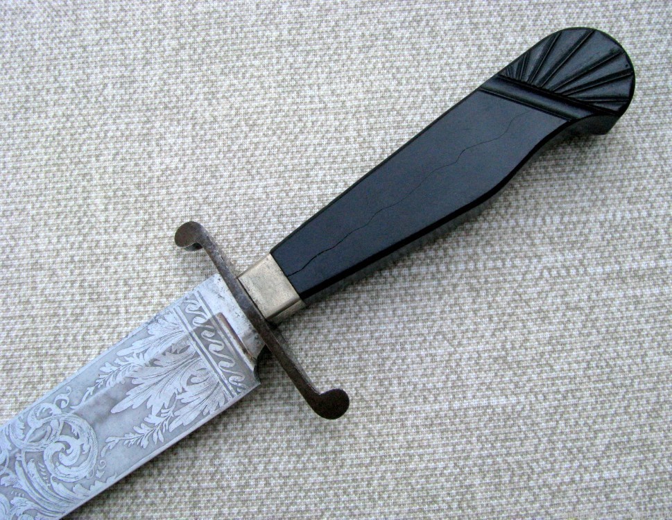 MINTY ETCHED CLIP BLADE CARVED EBONY HILT FANCY SHEATH BOWIE c.1840's-60's-img-8