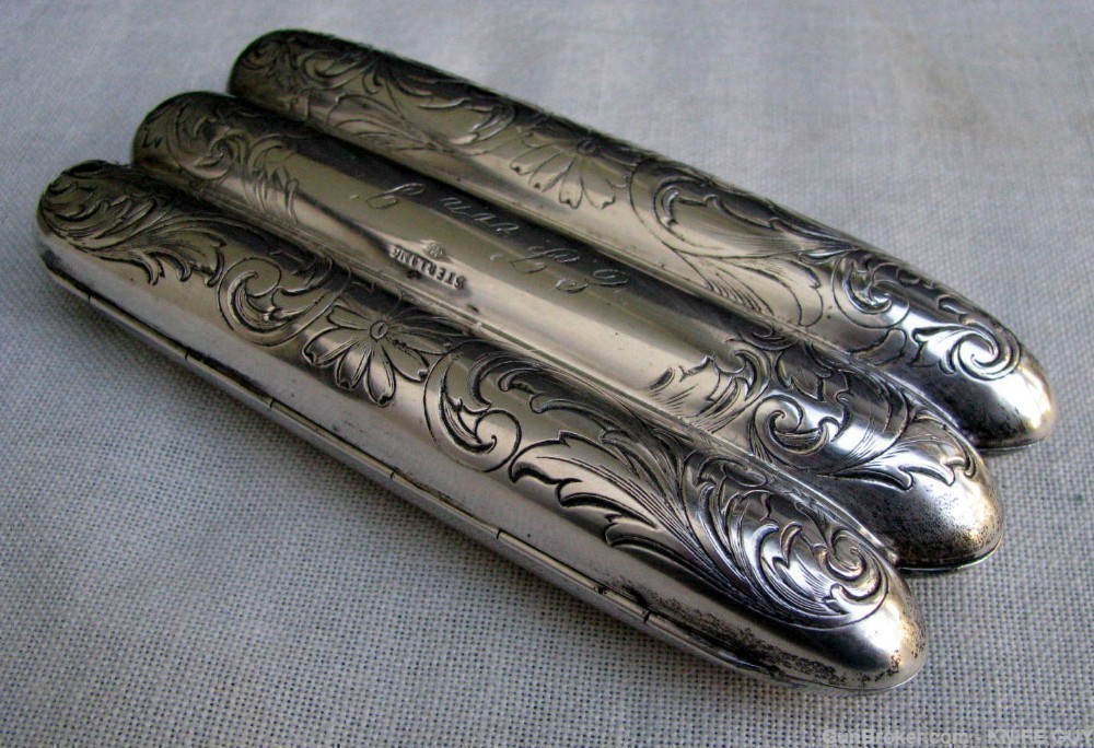 ANTIQUE AMERICAN STERLING GOLD WASHED ENGRAVED CIGAR CASE  MINT CONDITION-img-8
