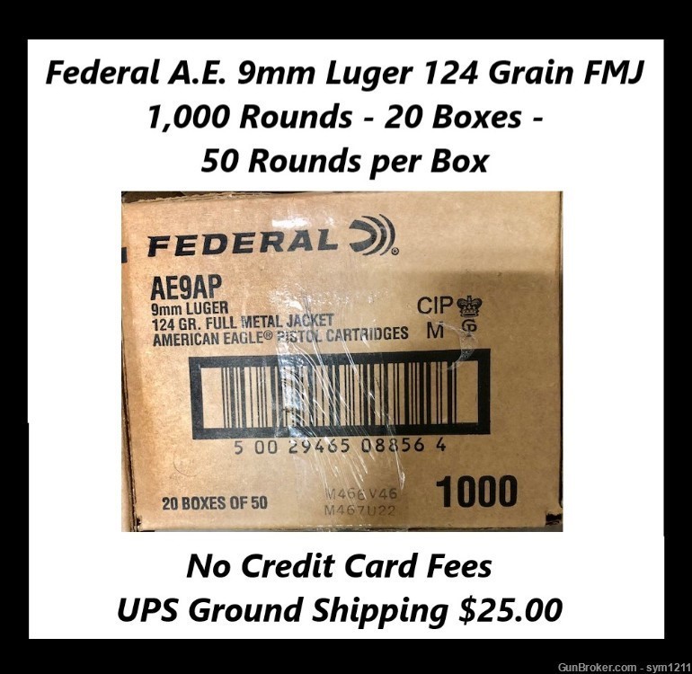 1000 Rounds Federal A.E. 9mm Luger 124 GRAIN FMJ AE9AP  FACTORY NEW AMMO-img-0