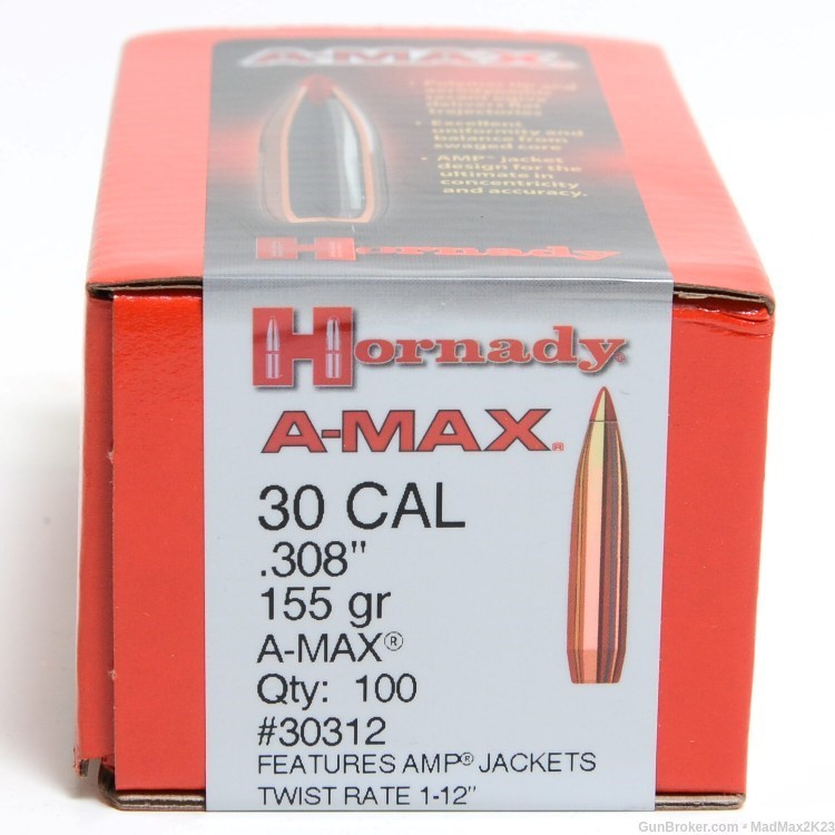 HORNADY 30 CAL .308 155 gr Polymer Tipped A-MAX Bullets (3 Boxes of 100) -img-0