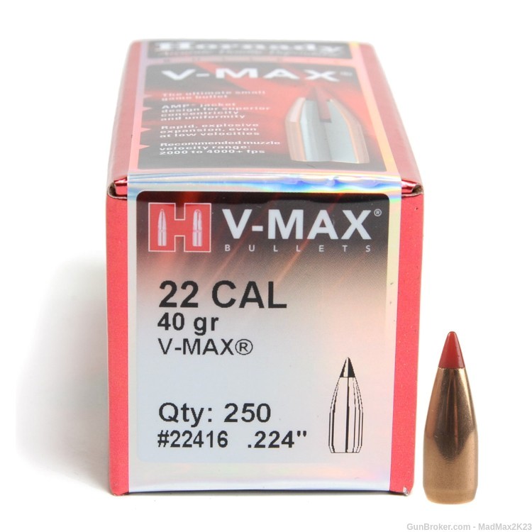 HORNADY V-MAX 22 CAL .224 40 Grain Boat Tail Bullets (Box of 250) FREE SHIP-img-0