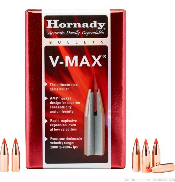 HORNADY V-MAX 22 CAL .224 40 Grain Boat Tail Bullets (Box of 250) FREE SHIP-img-1