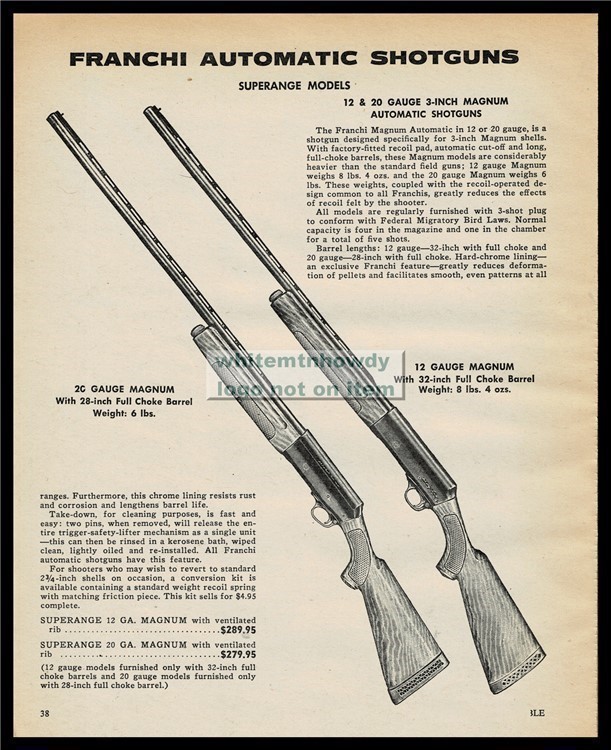 1974 FRANCHI Superange 12 and 20 Magnum Shotgun PRINT AD-img-0