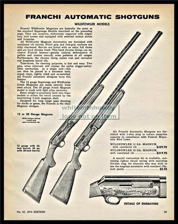 1974 FRANCHI Wildfowler Auto 12 and 20 gauge Shotgun PRINT AD-img-0