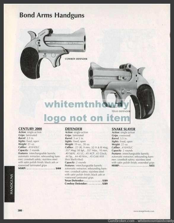 2008 BOND ARMS Cowboy and Texas Defender Handgun Original PRINT AD-img-0