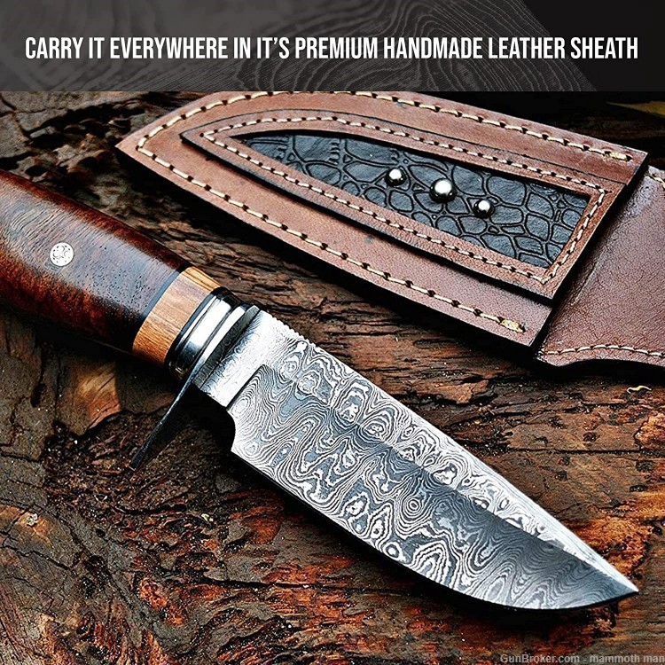Fixed blade Folded steel Damascus Knife Walnut handle premium sheath-img-1