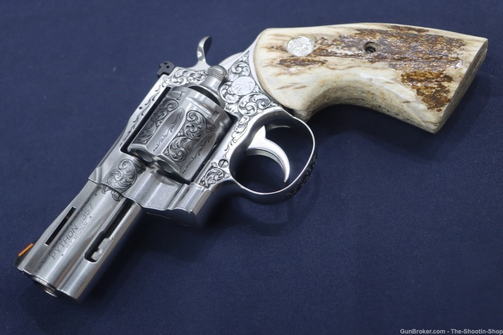 Colt Model Python Revolver Premier Grade ENGRAVED 357 Mag 3" Stag Grips SS-img-50