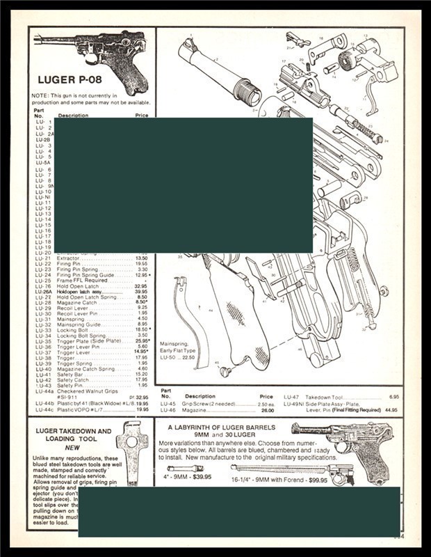 1995 LUGER P-08 Pistol Schematic Parts List Catalog AD-img-0