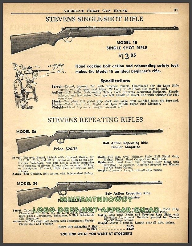 1955 STEVENS Model 15, 86, 84 Rifle Print AD-img-0