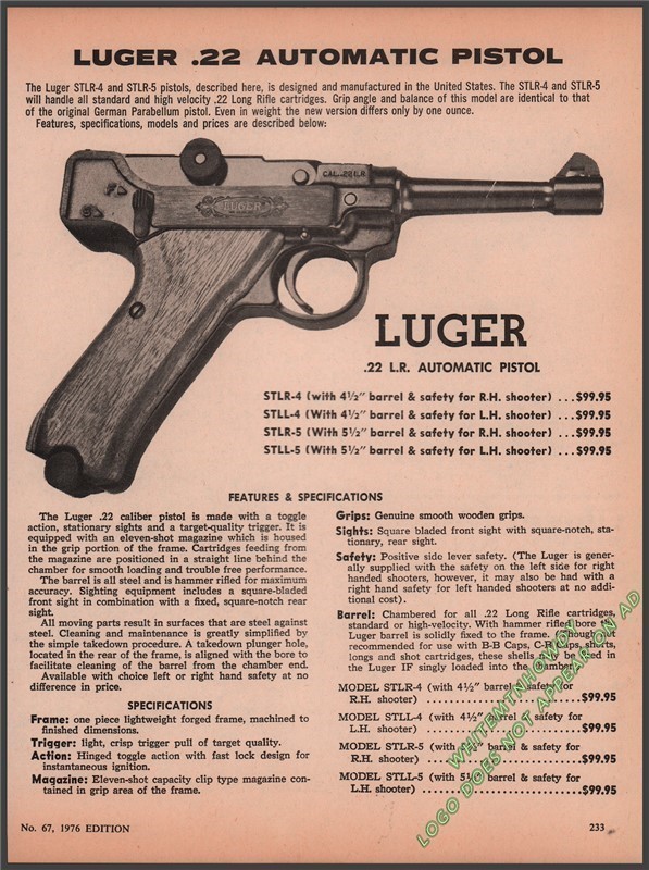 1976 LUGER .22 L.R. Auto Pistol Print AD Page 22-img-0