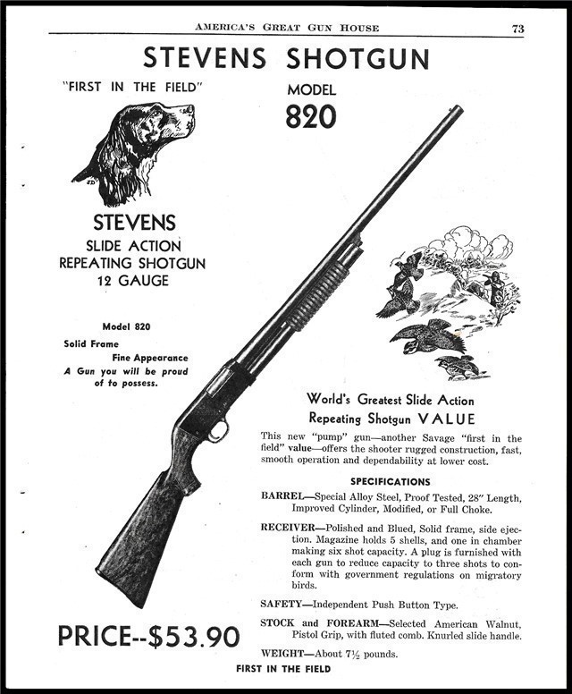 1951 STEVENS 820 Slide Action Shotgun PRINT AD-img-0