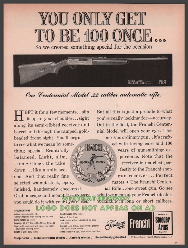 1968 FRANCHI Centennial Model Rifle PRINT AD-img-0