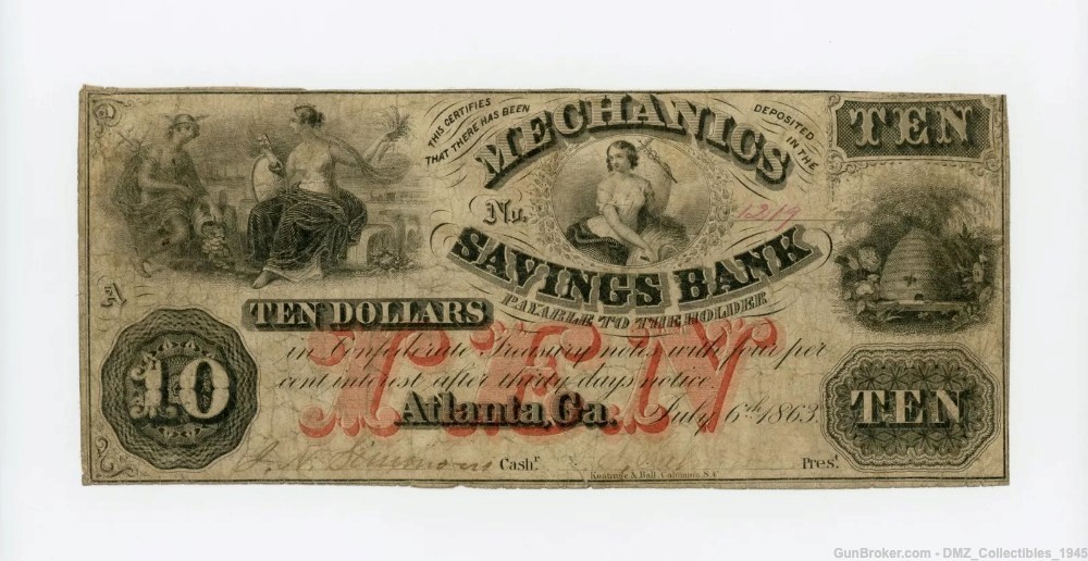 Civil War $10 Georgia Bank Note Antique Currency Money-img-0