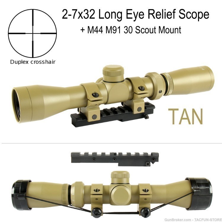 TAN Mosin Nagant 2-7x32 Long Eye Relief Scope + M44 M91 30 Scout Mount-img-0