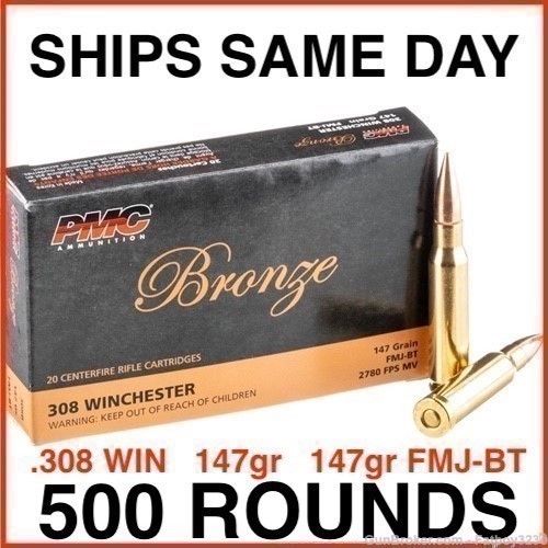 500 Rounds - PMC Bronze 308 Winchester Ammo 147 Grain Full Metal Jacket-img-0