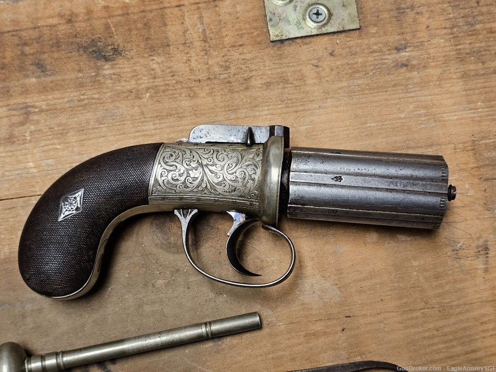 James J. Beattie Antique Silver Engraved Pepperbox Pistol w/ original case-img-6
