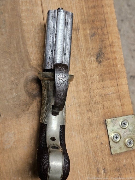 James J. Beattie Antique Silver Engraved Pepperbox Pistol w/ original case-img-4