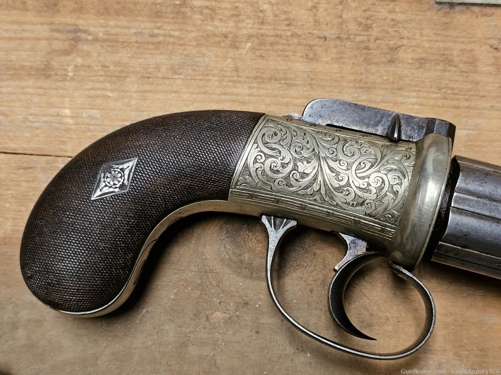 James J. Beattie Antique Silver Engraved Pepperbox Pistol w/ original case-img-5