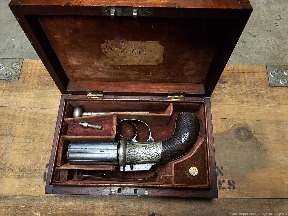 James J. Beattie Antique Silver Engraved Pepperbox Pistol w/ original case-img-0