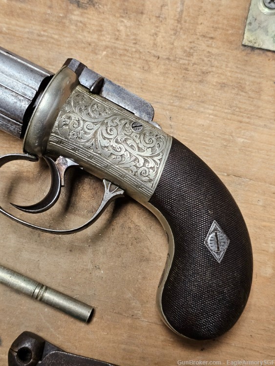 James J. Beattie Antique Silver Engraved Pepperbox Pistol w/ original case-img-3