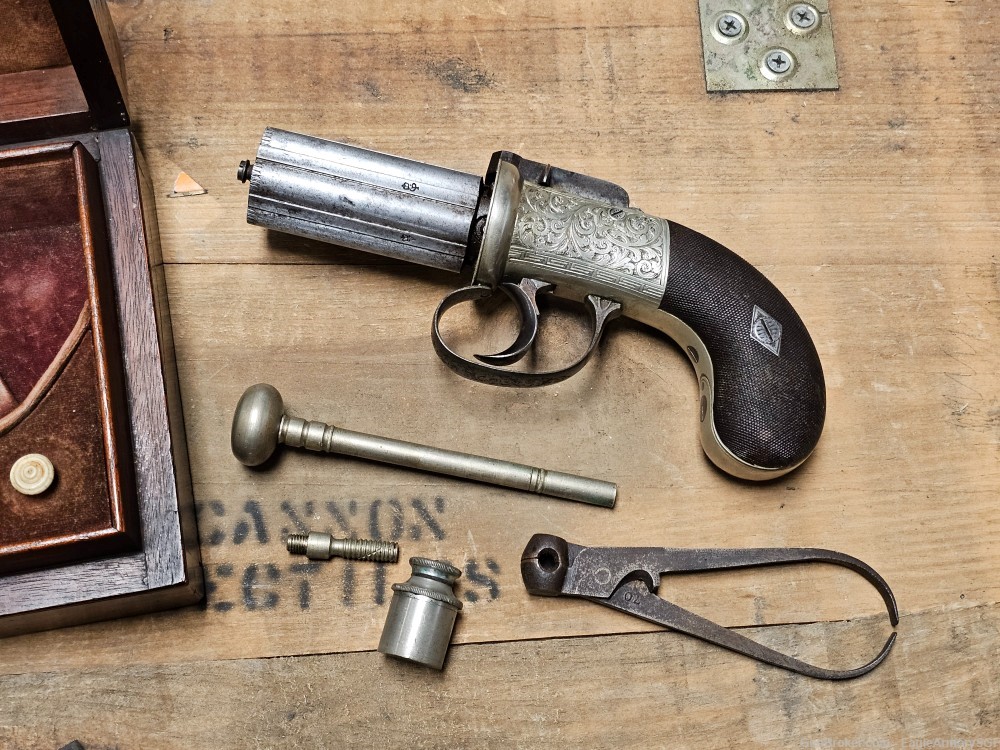 James J. Beattie Antique Silver Engraved Pepperbox Pistol w/ original case-img-2