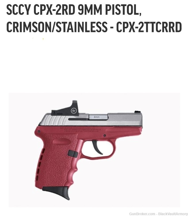 SCCY CPX-2RD 9MM PISTOL, CRIMSON/STAINLESS - CPX-2TTCRRD with Red Dot-img-0
