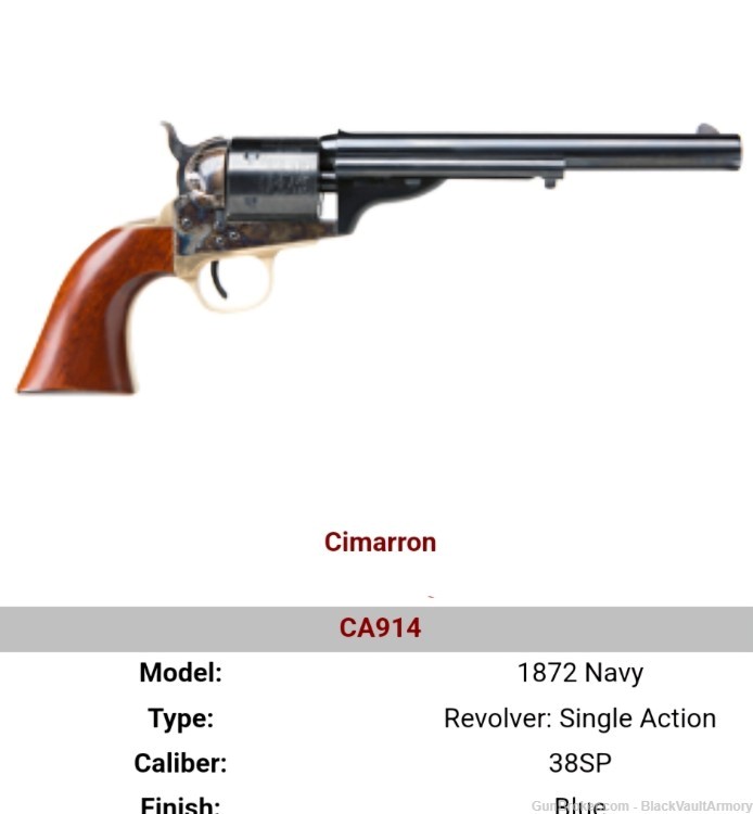 Cimarron 1872 Navy Revolver Single Action Caliber: 38SP CA914-img-1